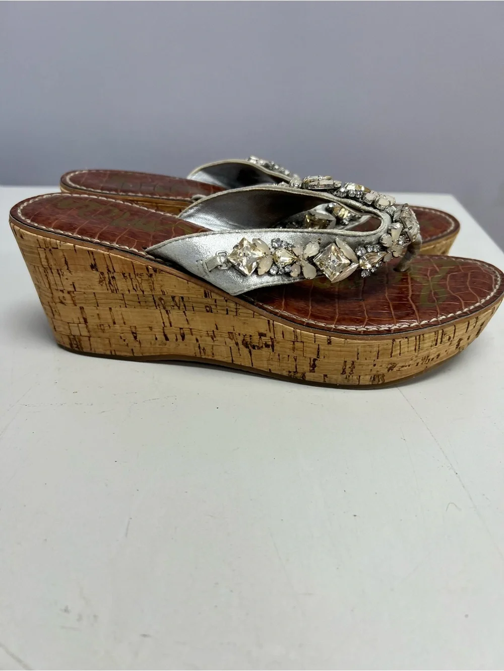 Sam Edelman Silver Jeweled Cork Wedge Thong Sandals Women’s 7.5